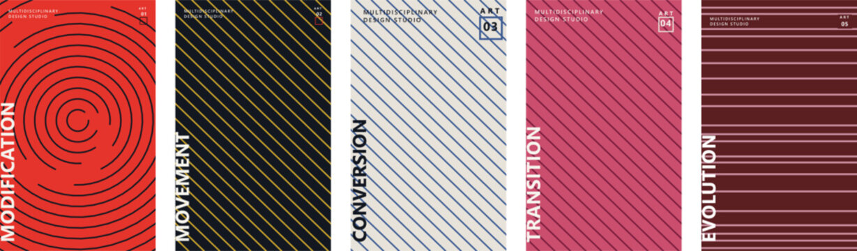 Minimalist geometric poster set with linear patterns and abstract vector backgrounds for modification, movement, conversion, transition, and evolution