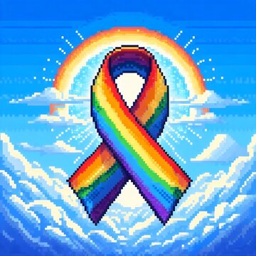 Rainbow Awareness Ribbon in Sky with Rainbow and Clouds Pixel Art