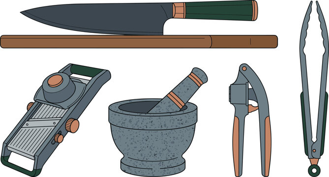 Professional kitchen tools collection featuring chef knife mandoline slicer mortar and pestle garlic press and tongs vector
