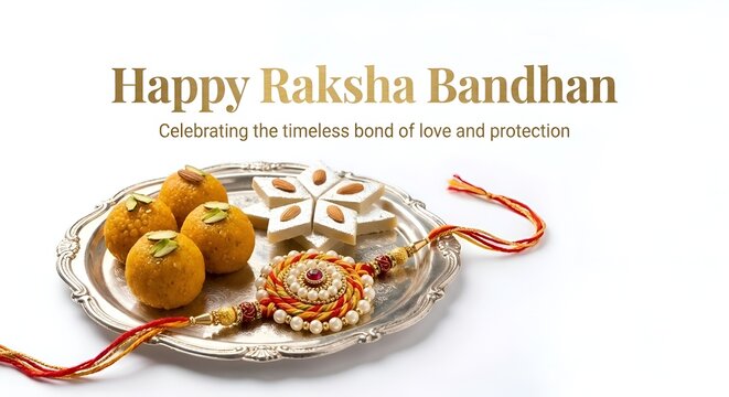 Traditional silver thali with motichoor laddu, kaju katli, and pearl-beaded Rakhi for Happy Raksha Bandhan