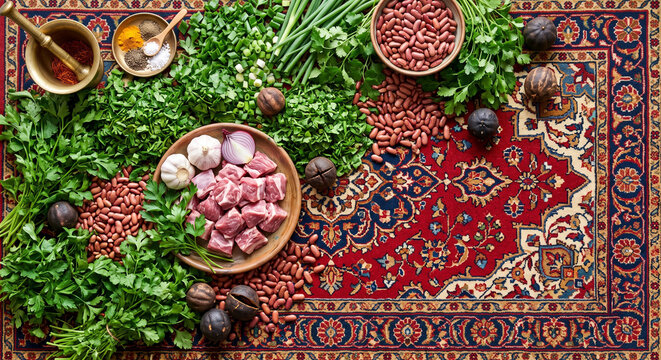 Creative top view of Persian Ghormeh Sabzi herb stew ingredients on Persian rug