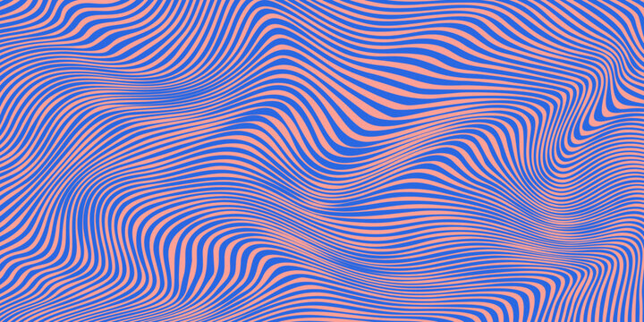 Abstract Wavy Psychedelic Background With Blue and Peach Optical Illusion Pattern Lines
