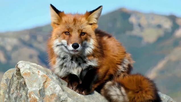 Stunning 4K wildlife portrait capturing an alert red fox sitting on a large granite boulder ears perked as it carefully monitors its natural forest environment for potential prey