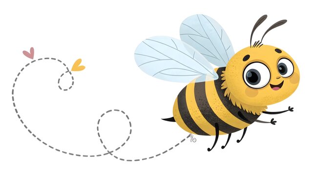 Cartoon bee flying with a swirling dotted path