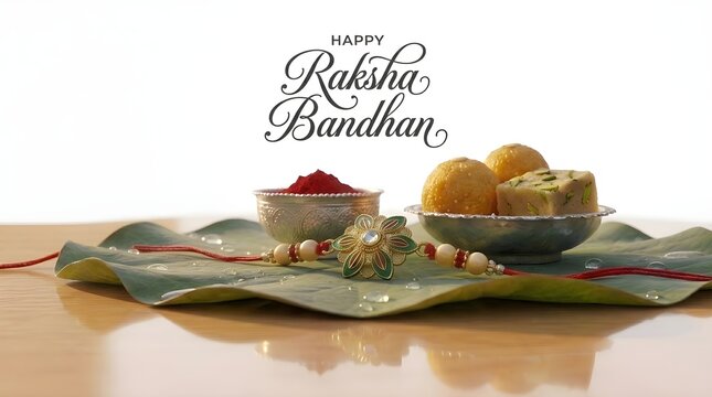 Happy Raksha Bandhan creative concept with traditional Rakhi on a lotus leaf with sweets and roli