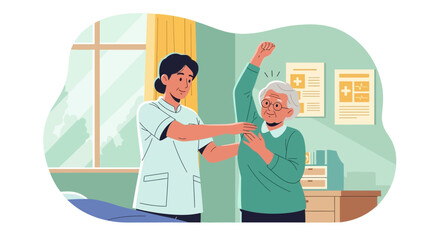 Fototapeta premium Elderly woman's physical therapy, carer assists with arm movement