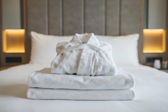 Clean bathrobe on hotel bed. Luxury accommodation and travel lifestyle.