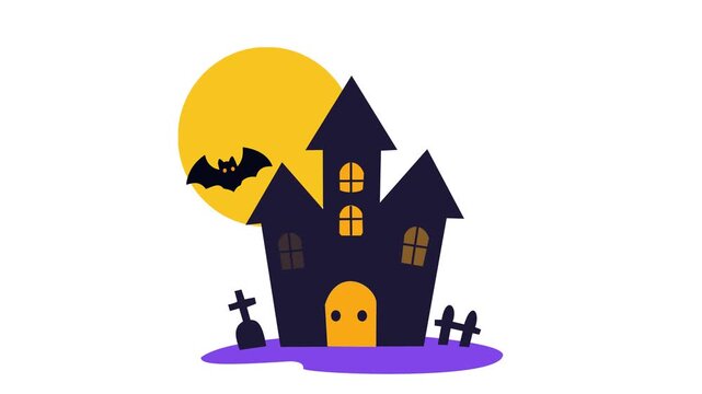 Cute Halloween Haunted House Castle with Bats Moon and Graveyard Animation