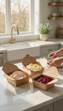 Vertical photo of pre-order a festive dinner for Thanksgiving. Sliced roasted turkey, mashed potatoes, and cranberry sauce in cardboard takeout containers on a modern kitchen counter