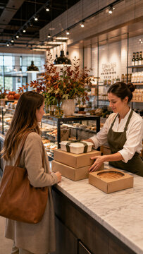 Smiling female customer picking up pre-ordered Thanksgiving dinner at bakery counter. Woman receiving catering boxes and pie from shop employee. Holiday meal preparation concept