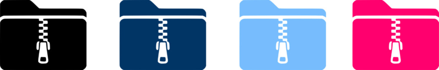 Set of colorful zip folder icons with zipper design for compressed file archives, data storage, and efficient digital management solutions. © SarfarazAhmed