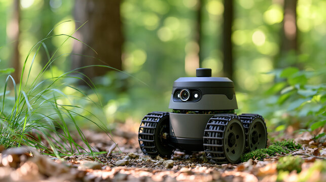 Unmanned ground vehicle operating in forest environment, autonomous field robotics concept, defocused woodland background, with copy space