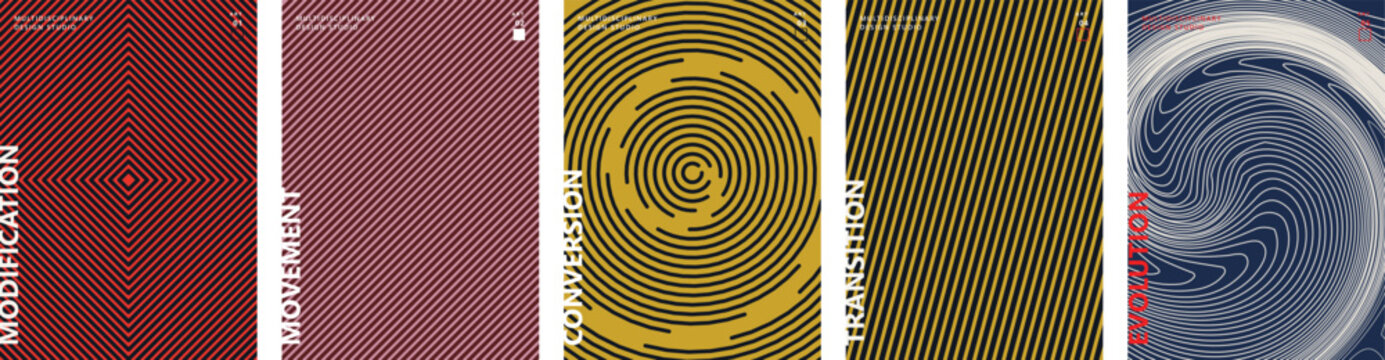 Abstract geometric poster set with spiral patterns and optical illusions, minimalist vector cover collection for book design and branding