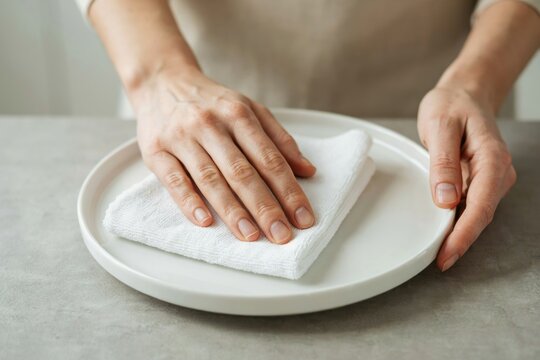 Hands clean a white plate with a cloth. Use for home hygiene concepts.