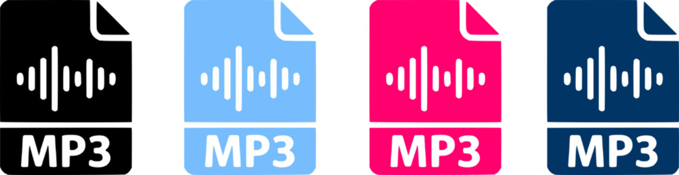 Set of colorful mp3 audio file icons with sound wave graphic for digital music storage, web interface design, and modern software development.