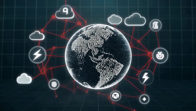 Futuristic 3D analytics animation in 4K featuring a glowing dotted world map floating over a dark data mainframe grid accompanied by active corporate icons and a rising red financial trend line