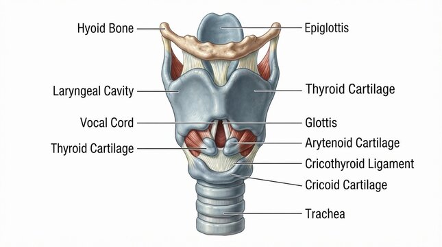 Human Larynx Anatomy with Educational Labels Isolated on White Background