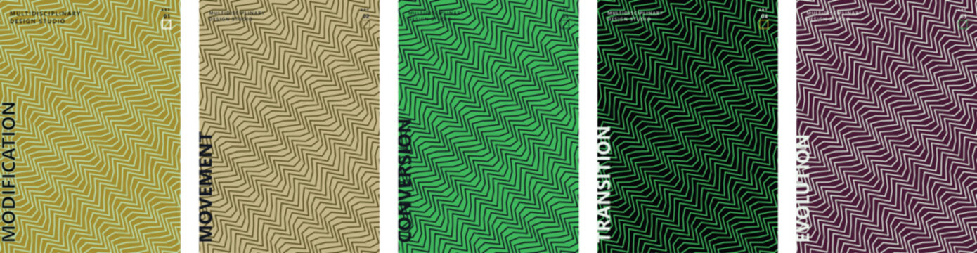 Abstract diagonal stripe background set, geometric line pattern textures in green and purple, minimalist vector cover designs for corporate branding