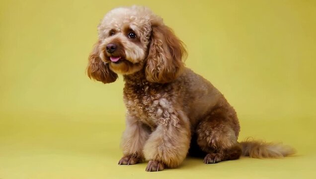 Delightful 4K companion animal video showcasing a charming young brown poodle sitting gracefully against a vibrant solid yellow background creating a bright joyful and highly marketable pet