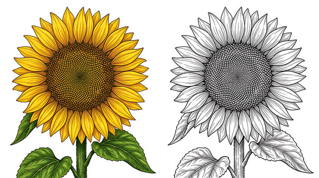 Perfect Yellow Hues with Clean Outline Details of sunflower