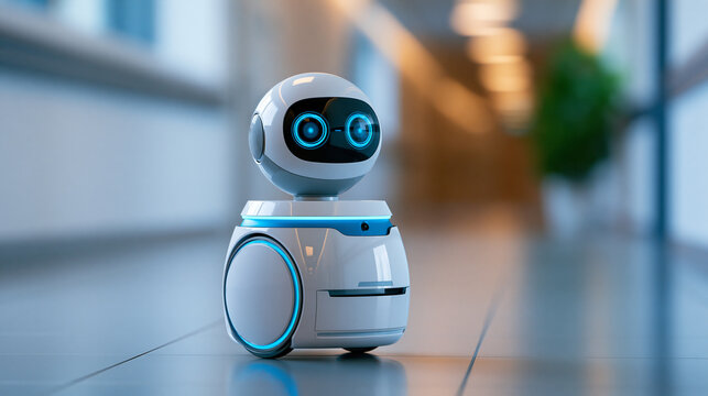 Autonomous delivery robot navigating hospital corridor carrying medicine and supplies, healthcare automation concept, defocused hallway, with copy space