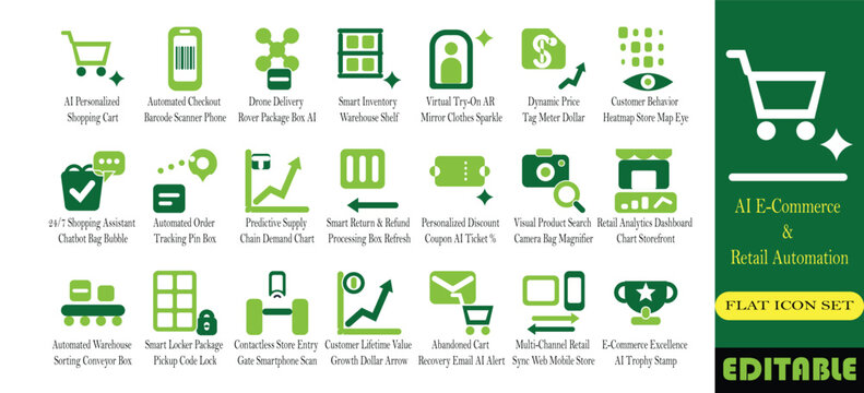 AI e-commerce and retail automation icon set. Smart checkout, virtual try on, dynamic pricing and drone delivery solid glyph vector symbols