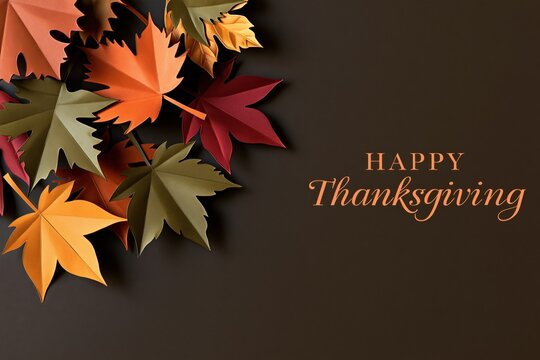 Elegant Happy Thanksgiving Greeting Card with Layered Paper Cut Autumn Leaves in Warm Earth Tones on Dark Textured Background with Copy Space