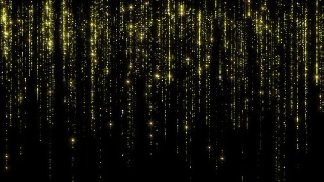 A mesmerizing display of golden light strings falling against a dark background creating a magical and festive atmosphere This image captures the shimmering and glowing effect of the lights in motion