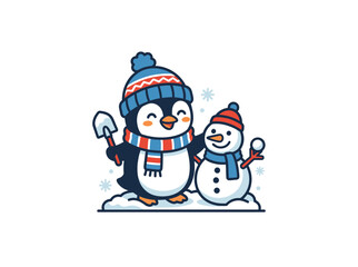 Cute cartoon penguin with snowman and shovel