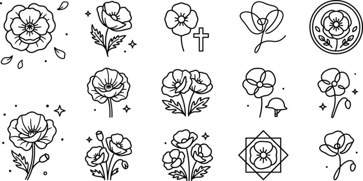 Poppy flower line art icon set for remembrance day memorial and floral design elements
