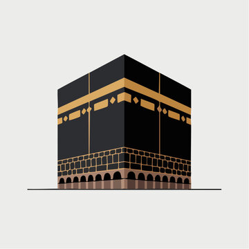 A minimalist flat vector illustration depicts the Kaaba in Mecca against a light.
