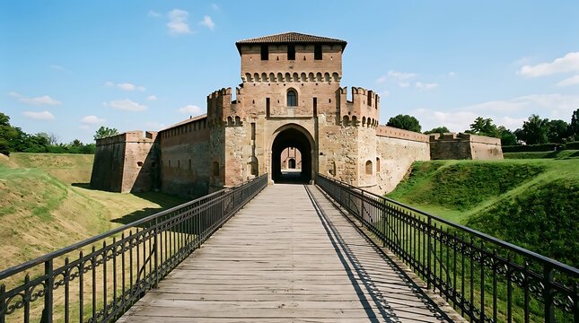 Old medieval brick fortress gate with a wooden bridge leading to the entrance in sunny weather