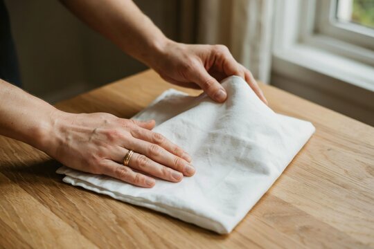 Hands folding a soft white fabric on a table. Textile care and home chores.