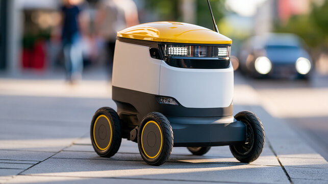 Modern autonomous delivery robot vehicle navigating sidewalk, urban logistics technology concept, defocused street background, with copy space