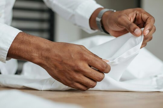 A man carefully folds a crisp white shirt. Preparation for professional work.