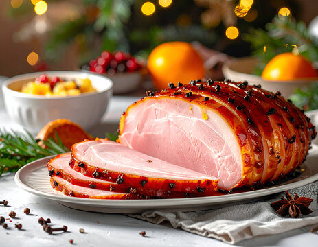 A festive holiday ham roasted to perfection with glossy clove studded glaze and sweet orange slices