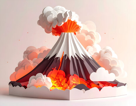 A dramatic papercraft volcano erupting with glowing orange lava, fire sparks, and billowing paper smoke clouds