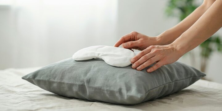 Hands placing a sleep mask on a grey pillow. Bedtime comfort concept.