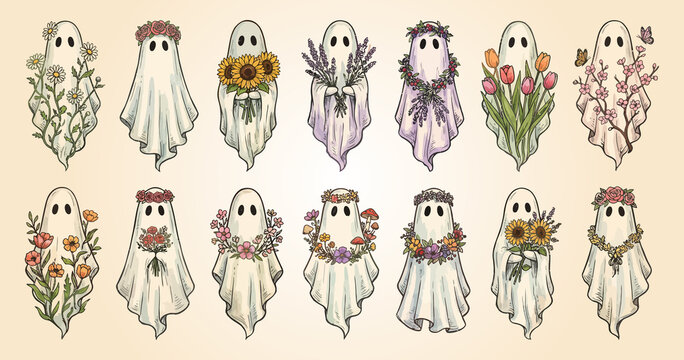 Cute Floral Ghost Clipart Collection &ndash; Botanical Halloween Ghost Illustrations