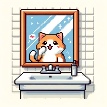 Pixel art cute orange cat looking at mirror reflection above bathroom sink