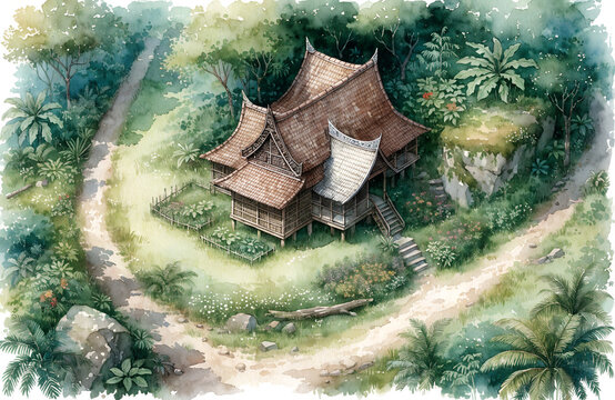   
Traditional Rumah adat Indonesia wooden stilt house with wayang inspired cultural design, steep tiered roof surrounded by lush tropical vegetation and rural path generad ai