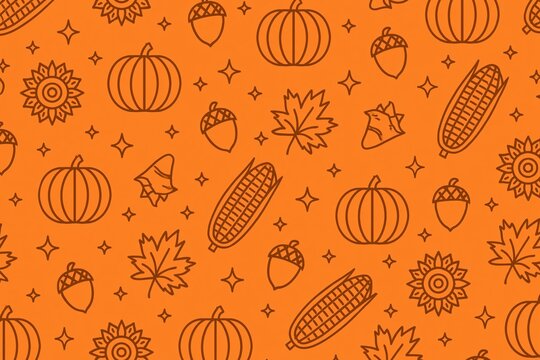 Minimalist Autumn Harvest Seamless Line Pattern with Pumpkin Corn Maple Leaf Acorn and Sun Icons on Warm Orange Background for Modern Seasonal Design