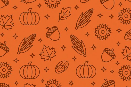 Minimalist Autumn Harvest Seamless Line Pattern with Pumpkin Corn Maple Leaf Acorn and Sun Icons on Warm Orange Background for Modern Seasonal Design