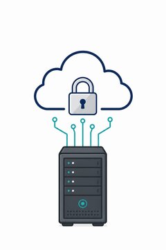 Server, cloud and padlock stacked vertical vector illustration showing data backup and cloud security workflow