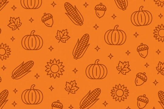 Minimalist Autumn Harvest Seamless Line Pattern with Pumpkin Corn Maple Leaf Acorn and Sun Icons on Warm Orange Background for Modern Seasonal Design