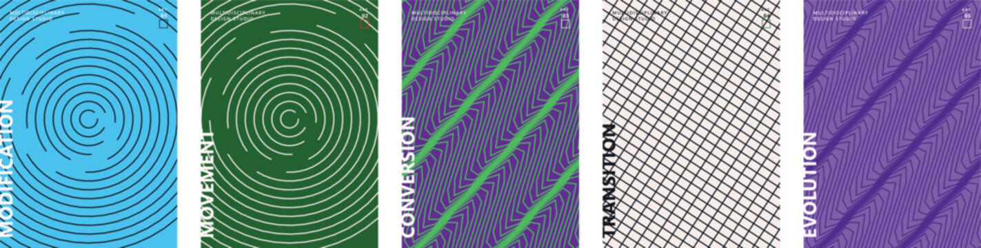 Abstract geometric poster set with halftone patterns, minimalist book cover collection with circular and diagonal lines, modern vector graphic templates