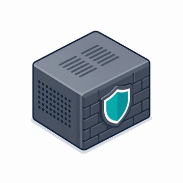 Isometric firewall device with shield emblem vector icon representing business network protection and cyber defense