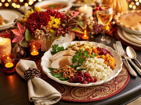 Cozy Thanksgiving Dinner Plate with Roasted Turkey Cranberry Sauce Mashed Potatoes and Autumn Candlelight Table Setting in Warm Festive Ambience