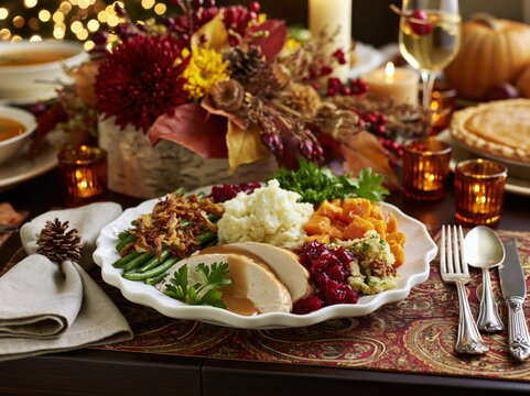 Cozy Thanksgiving Dinner Plate with Roasted Turkey Cranberry Sauce Mashed Potatoes and Autumn Candlelight Table Setting in Warm Festive Ambience