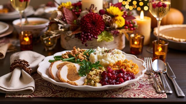 Cozy Thanksgiving Dinner Plate with Roasted Turkey Cranberry Sauce Mashed Potatoes and Autumn Candlelight Table Setting in Warm Festive Ambience